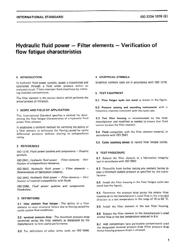 ISO 3724:1976 - Hydraulic fluid power -- Filter elements -- Verification of flow fatigue characteristics
