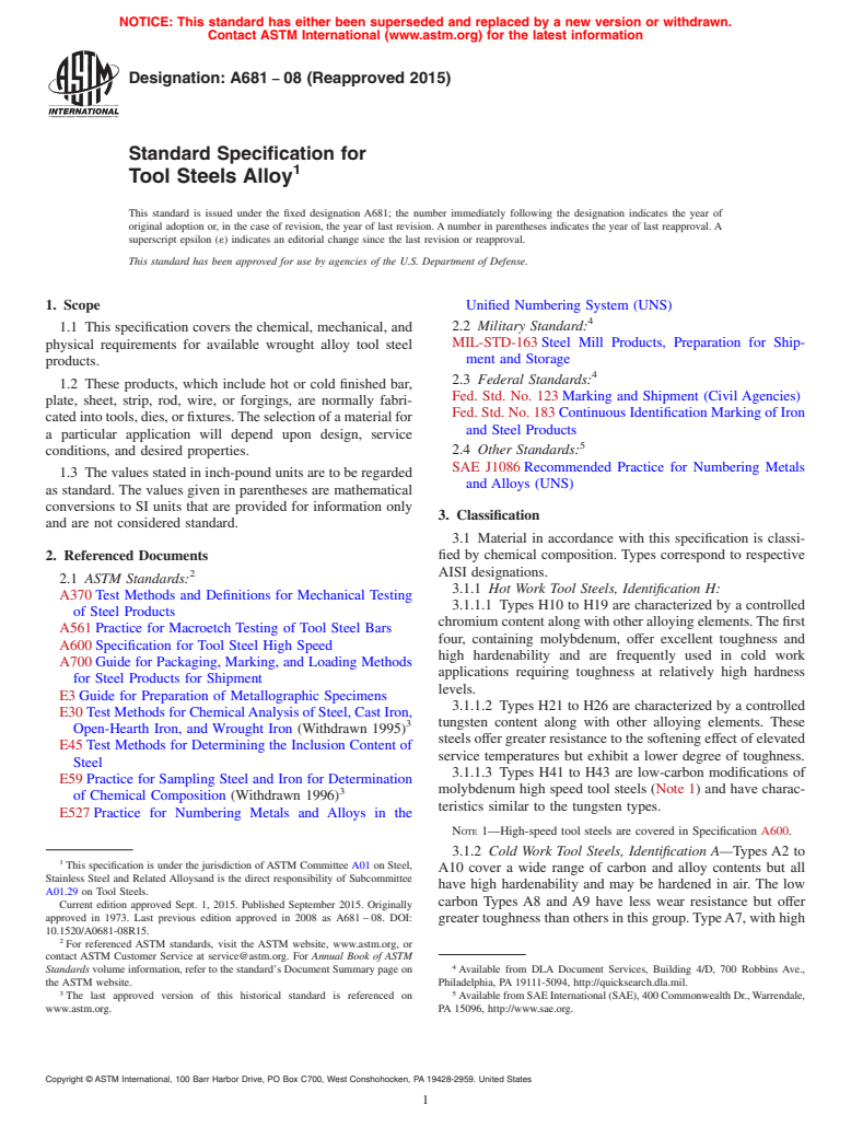 ASTM A681-08(2015) - Standard Specification for Tool Steels Alloy