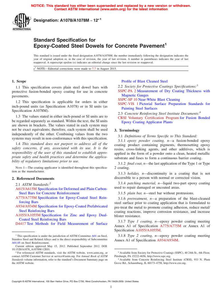 ASTM A1078/A1078M-12e1 - Standard Specification for  Epoxy-Coated Steel Dowels for Concrete Pavement