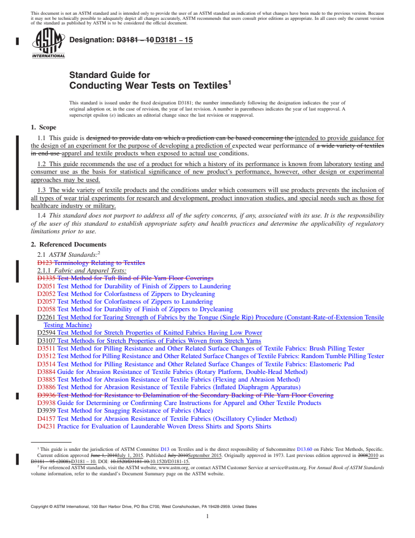 REDLINE ASTM D3181-15 - Standard Guide for  Conducting Wear Tests on Textiles