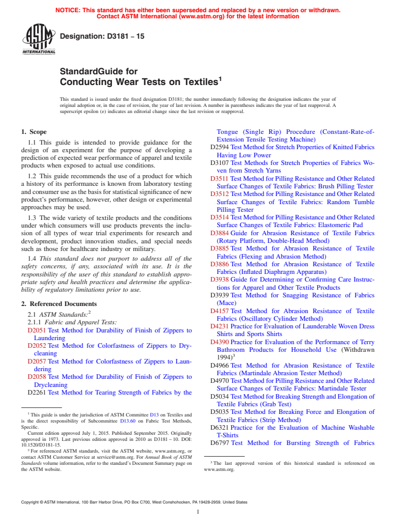 ASTM D3181-15 - Standard Guide for  Conducting Wear Tests on Textiles