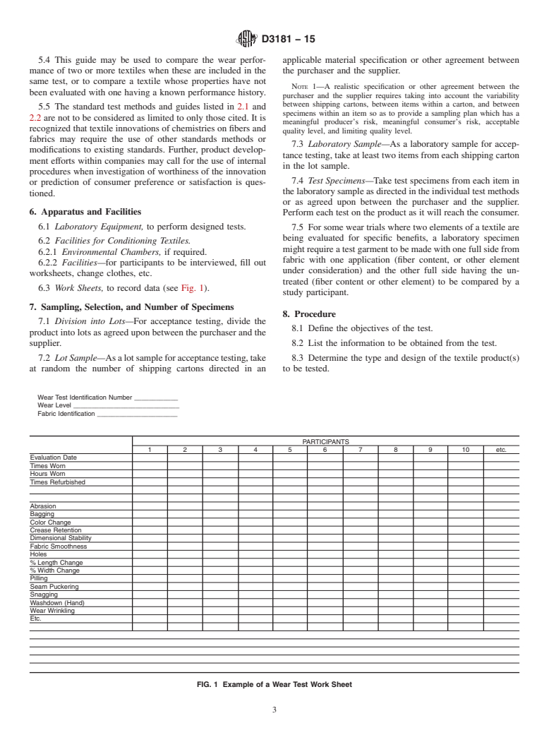 ASTM D3181-15 - Standard Guide for  Conducting Wear Tests on Textiles