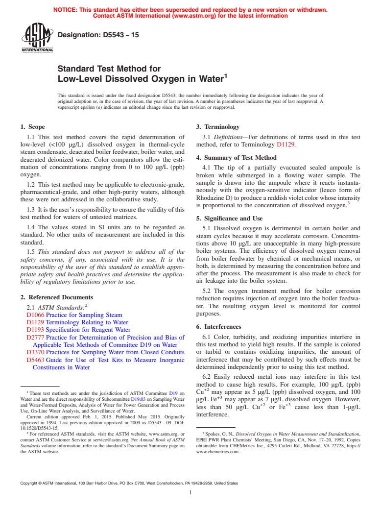 ASTM D5543-15 - Standard Test Method for  Low-Level Dissolved Oxygen in Water