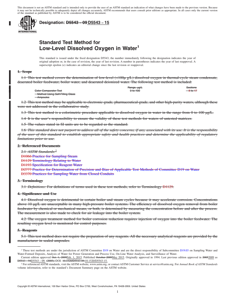 REDLINE ASTM D5543-15 - Standard Test Method for  Low-Level Dissolved Oxygen in Water