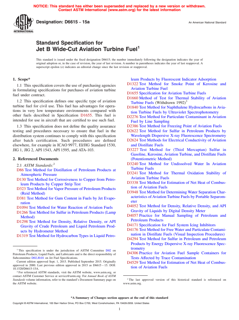ASTM D6615-15a - Standard Specification for  Jet B Wide-Cut Aviation Turbine Fuel