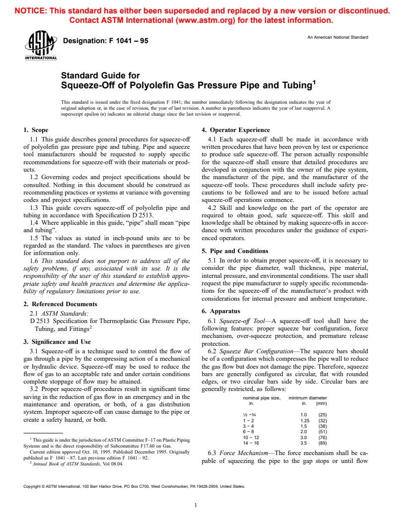 ASTM F1041-95 - Standard Guide for Squeeze-Off of Polyolefin Gas Pressure Pipe and Tubing