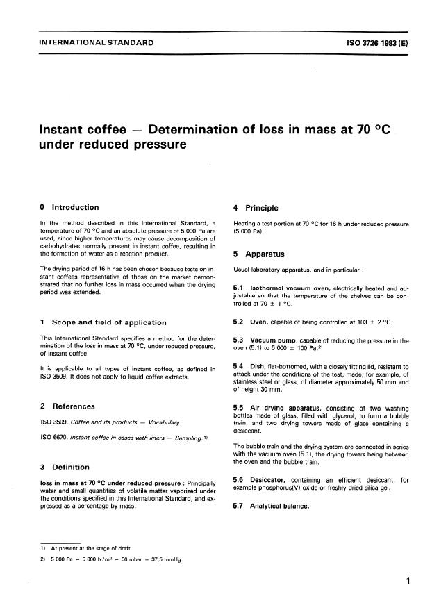ISO 3726:1983 - Instant coffee -- Determination of loss in mass at 70 degrees C under reduced pressure