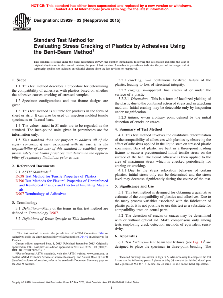 ASTM D3929-03(2015) - Standard Test Method for Evaluating Stress Cracking of Plastics by Adhesives Using the  Bent-Beam Method