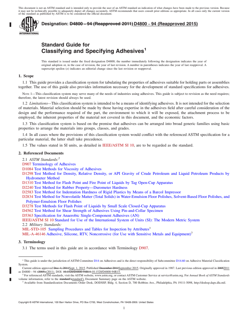 REDLINE ASTM D4800-94(2015) - Standard Guide for Classifying and Specifying Adhesives