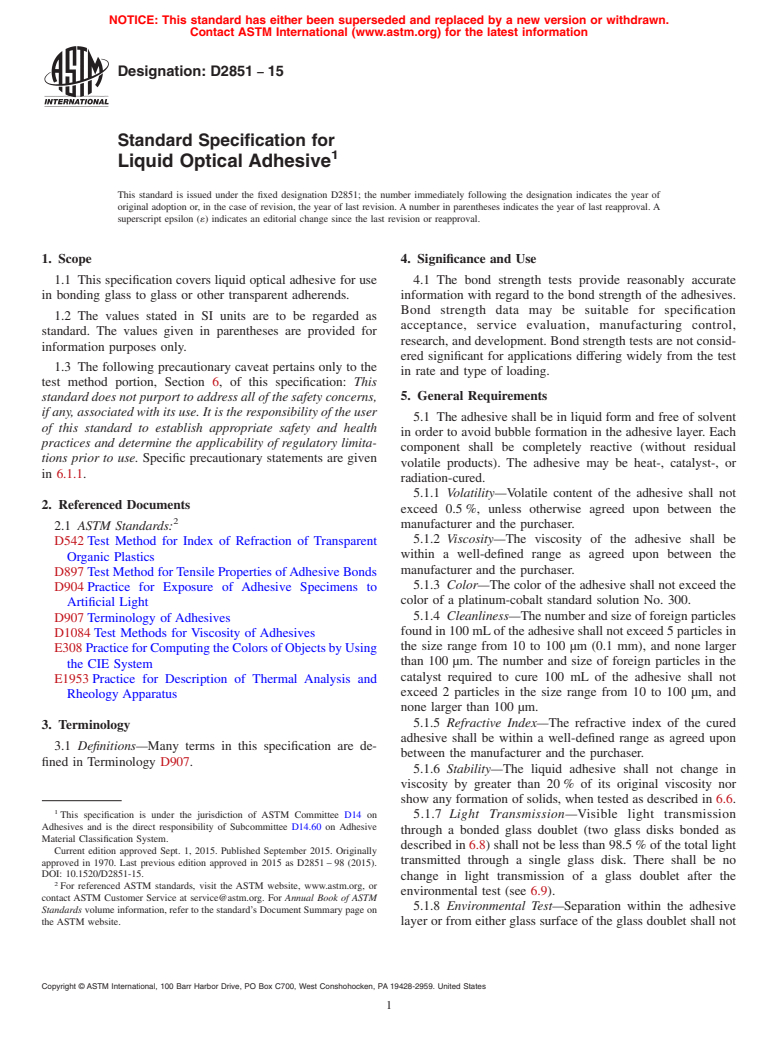 ASTM D2851-15 - Standard Specification for Liquid Optical Adhesive