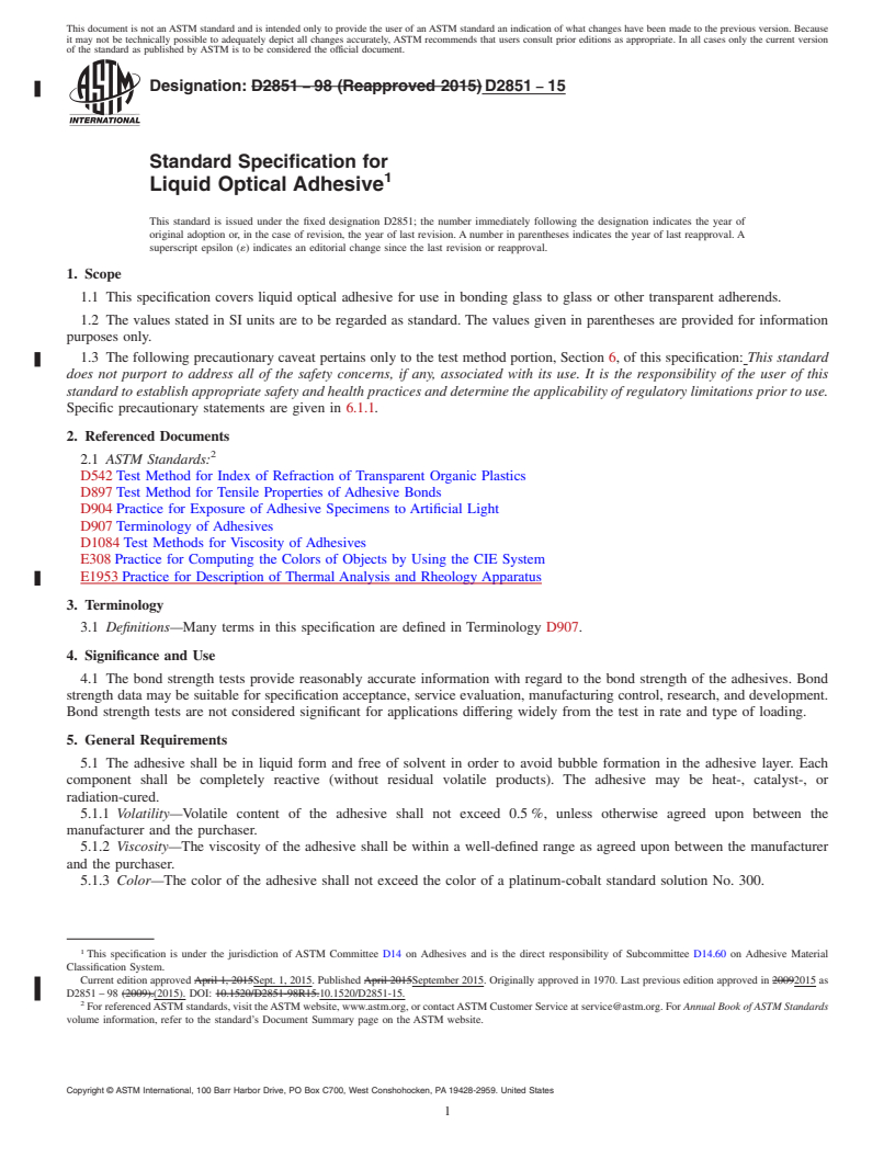 REDLINE ASTM D2851-15 - Standard Specification for Liquid Optical Adhesive