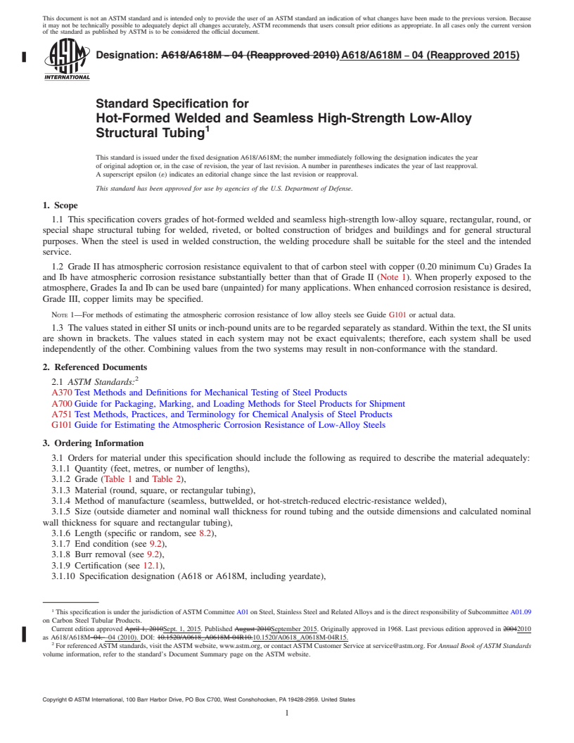 REDLINE ASTM A618/A618M-04(2015) - Standard Specification for  Hot-Formed Welded and Seamless High-Strength Low-Alloy Structural  Tubing