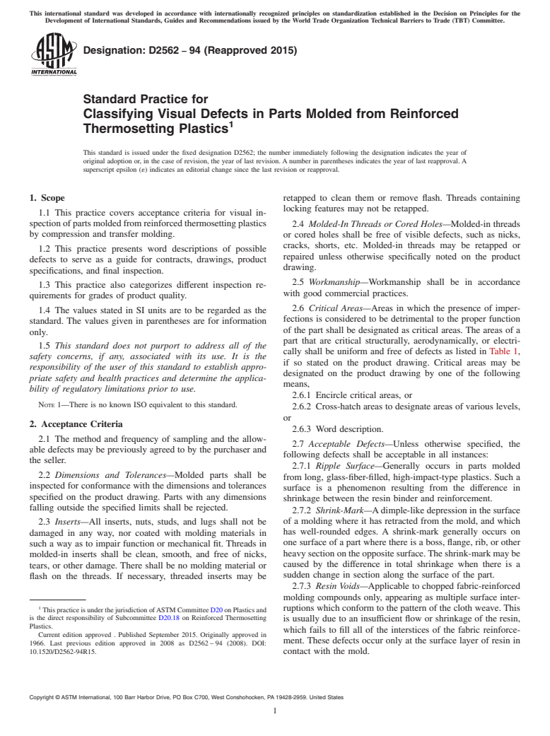 ASTM D2562-94(2015) - Standard Practice for  Classifying Visual Defects in Parts Molded from Reinforced  Thermosetting Plastics