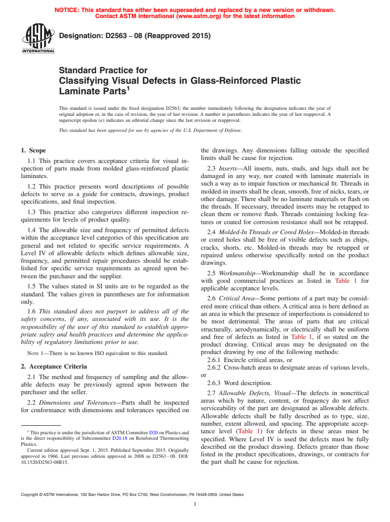 ASTM D2563-08(2015) - Standard Practice for  Classifying Visual Defects in Glass-Reinforced Plastic Laminate  Parts (Withdrawn 2024)