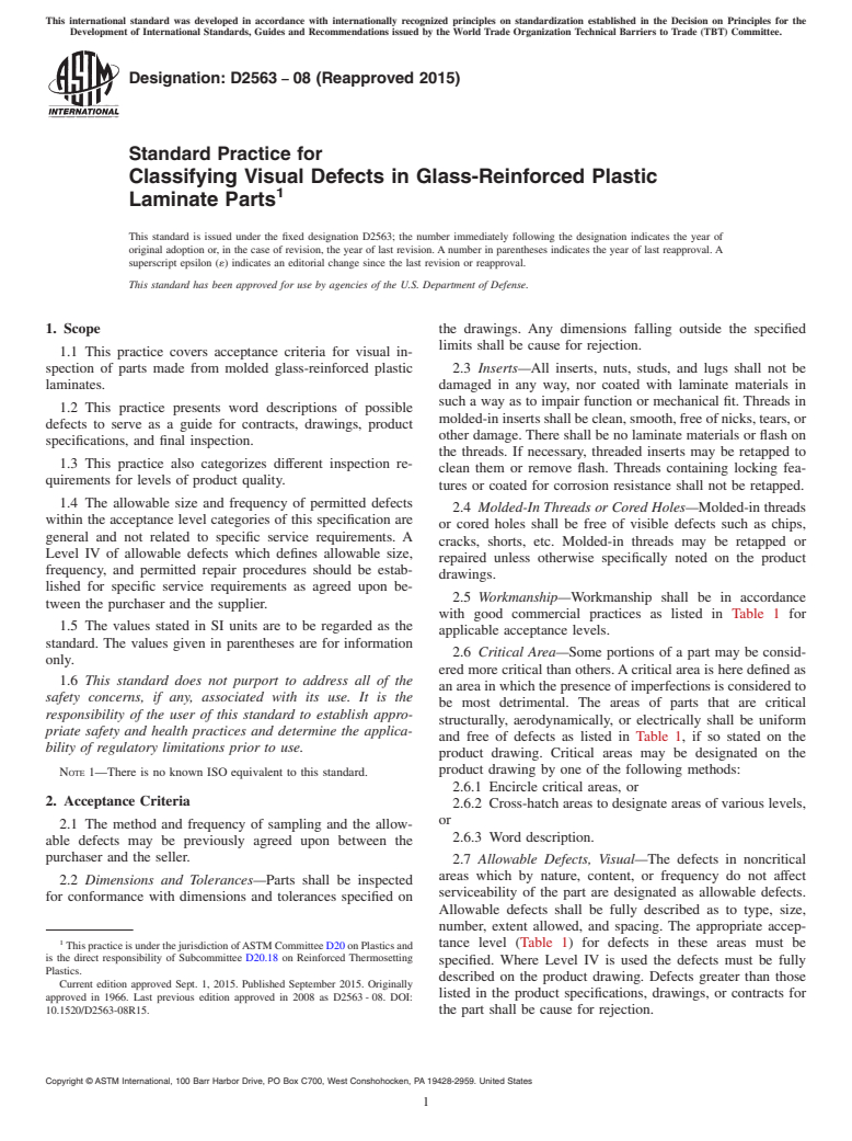 ASTM D2563-08(2015) - Standard Practice for  Classifying Visual Defects in Glass-Reinforced Plastic Laminate  Parts