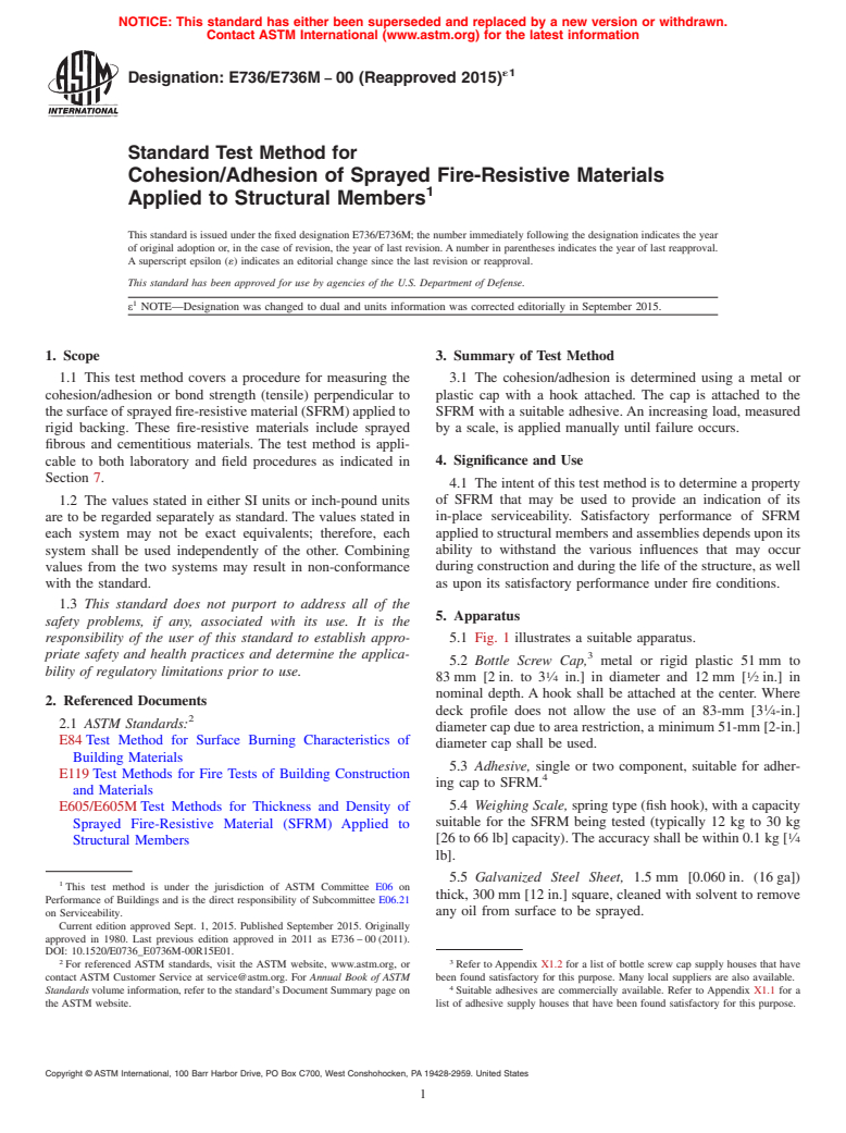 ASTM E736/E736M-00(2015)e1 - Standard Test Method for Cohesion/Adhesion of Sprayed Fire-Resistive Materials Applied  to Structural Members