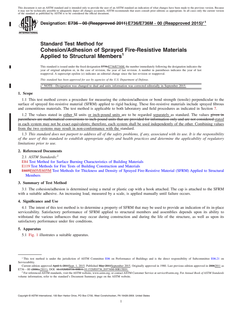 REDLINE ASTM E736/E736M-00(2015)e1 - Standard Test Method for Cohesion/Adhesion of Sprayed Fire-Resistive Materials Applied  to Structural Members