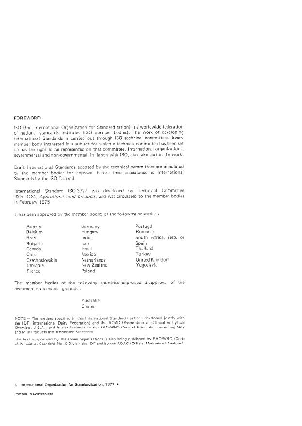ISO 3727:1977 ISO 3727:1977 - Butter -- Determination of water, solids-not-fat and fat contents on the same test portion (Reference method) - Page 2 preview