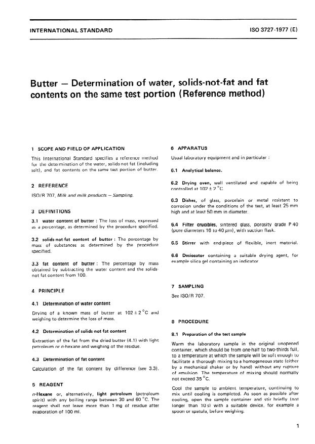 ISO 3727:1977 - Butter -- Determination of water, solids-not-fat and fat contents on the same test portion (Reference method)