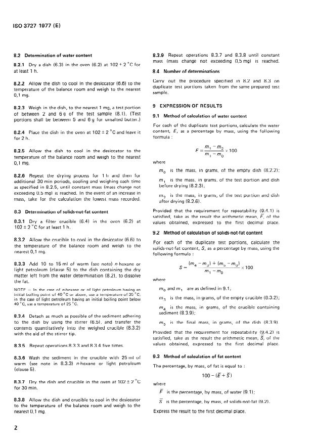 ISO 3727:1977 ISO 3727:1977 - Butter -- Determination of water, solids-not-fat and fat contents on the same test portion (Reference method) - Page 4 preview