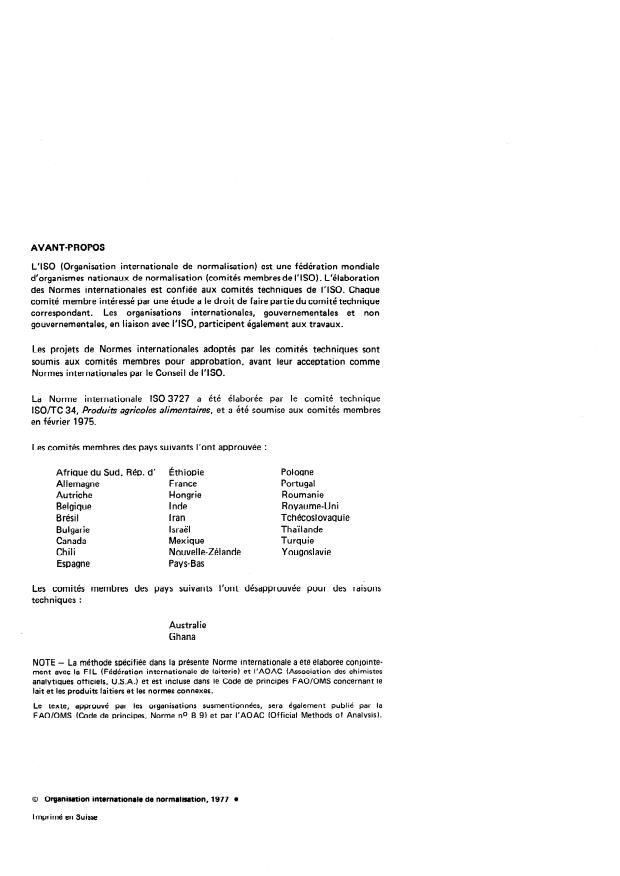 ISO 3727:1977 ISO 3727:1977 - Beurre -- Détermination des teneurs en eau, en matiere seche non grasse et en matiere grasse sur la meme prise d'essai (Méthode de référence) - Page 2 preview