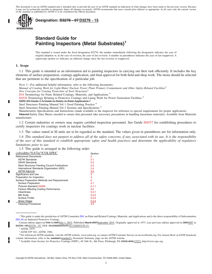 REDLINE ASTM D3276-15 - Standard Guide for Painting Inspectors (Metal Substrates)