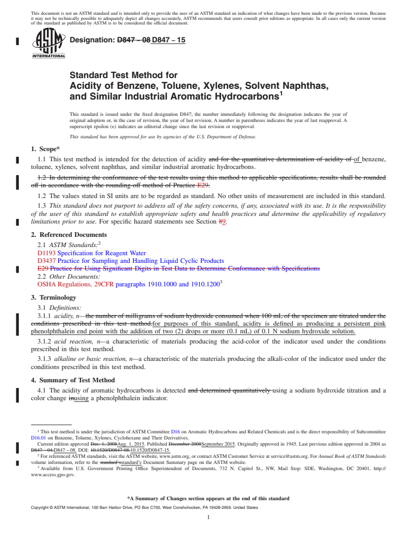 REDLINE ASTM D847-15 - Standard Test Method for Acidity of Benzene, Toluene, Xylenes, Solvent Naphthas, and  Similar  Industrial Aromatic Hydrocarbons