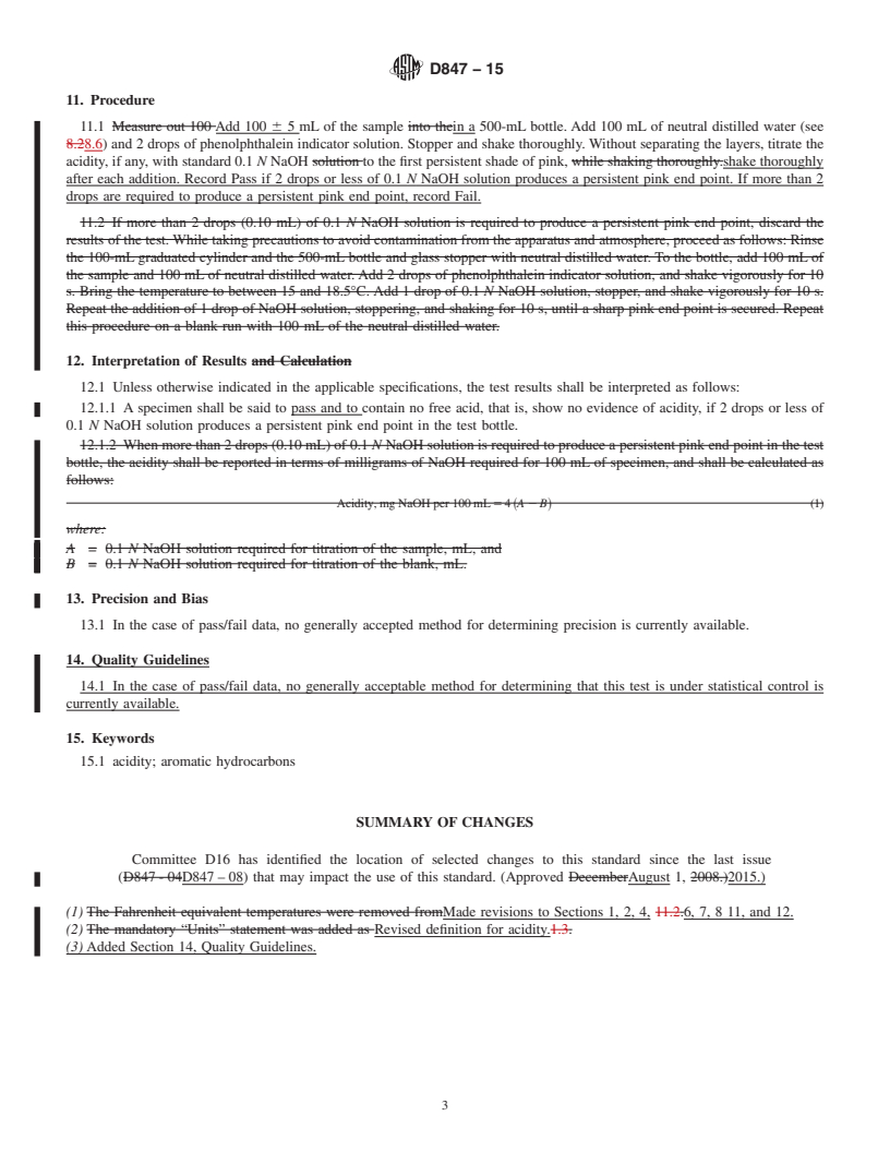 REDLINE ASTM D847-15 - Standard Test Method for Acidity of Benzene, Toluene, Xylenes, Solvent Naphthas, and  Similar  Industrial Aromatic Hydrocarbons