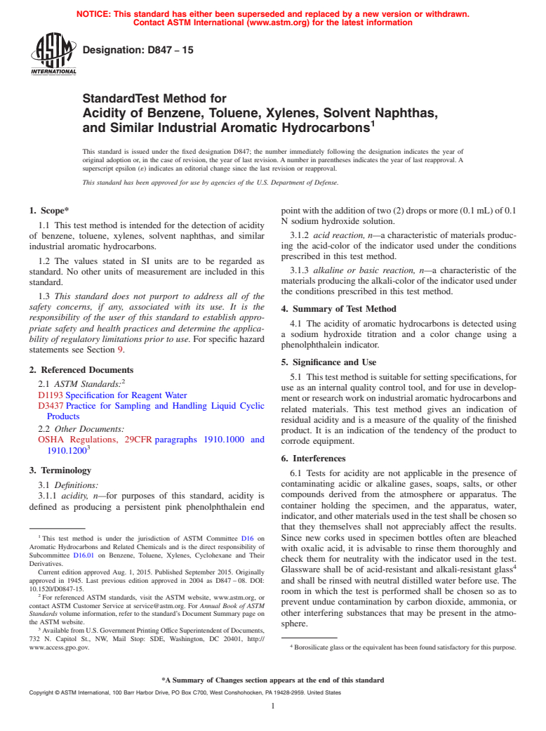 ASTM D847-15 - Standard Test Method for Acidity of Benzene, Toluene, Xylenes, Solvent Naphthas, and  Similar  Industrial Aromatic Hydrocarbons