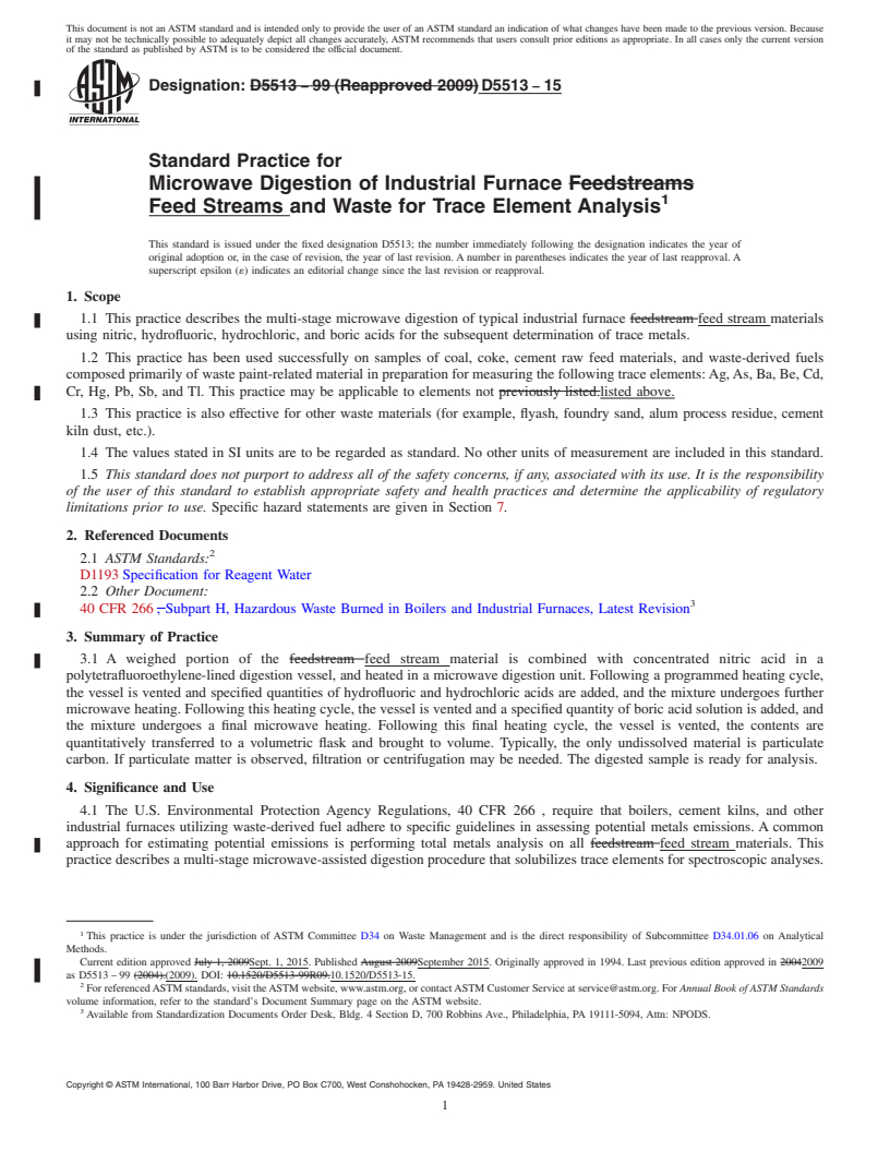 REDLINE ASTM D5513-15 - Standard Practice for  Microwave Digestion of Industrial Furnace Feed Streams and  Waste for Trace Element Analysis