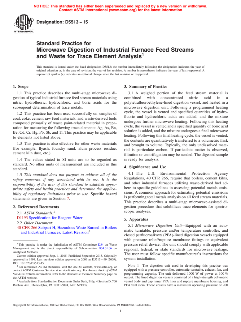 ASTM D5513-15 - Standard Practice for  Microwave Digestion of Industrial Furnace Feed Streams and  Waste for Trace Element Analysis