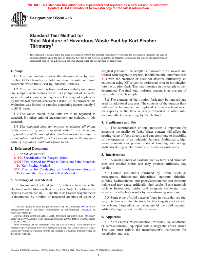 ASTM D5530-15 - Standard Test Method for  Total Moisture of Hazardous Waste Fuel by Karl Fischer Titrimetry