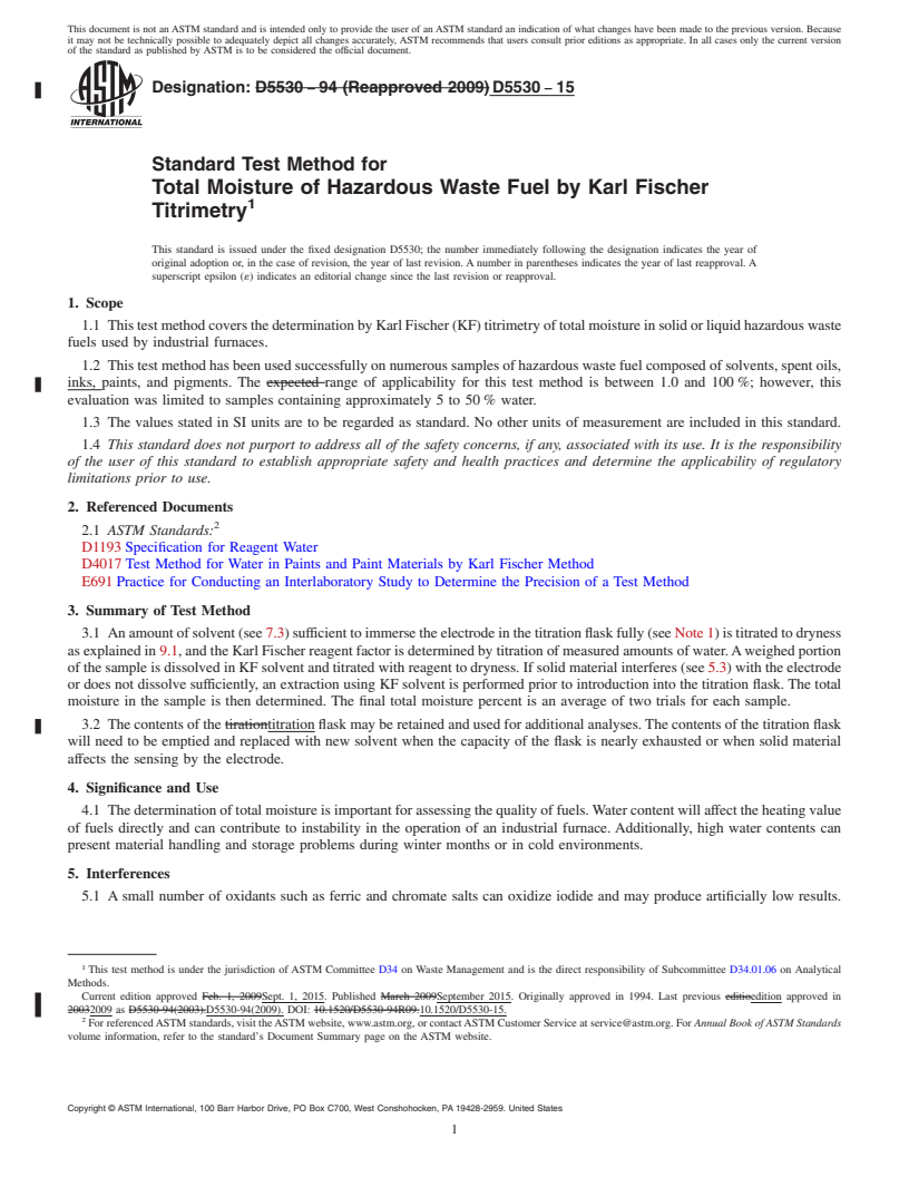 REDLINE ASTM D5530-15 - Standard Test Method for  Total Moisture of Hazardous Waste Fuel by Karl Fischer Titrimetry