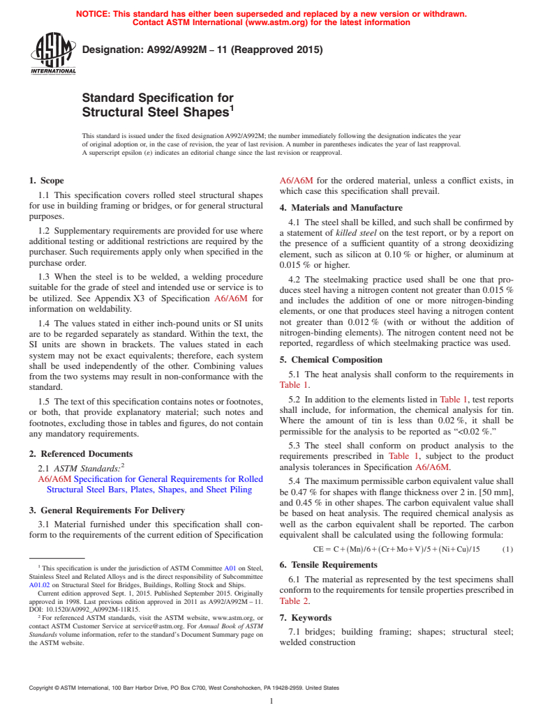 ASTM A992/A992M-11(2015) - Standard Specification for  Structural Steel Shapes