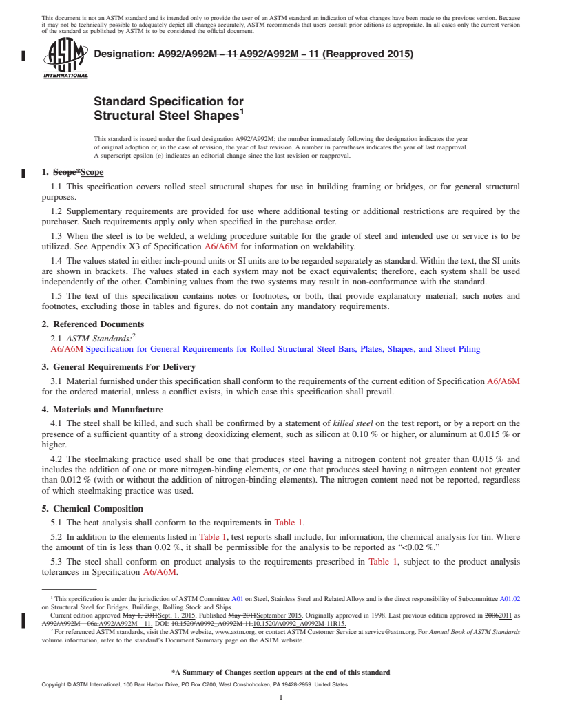 REDLINE ASTM A992/A992M-11(2015) - Standard Specification for  Structural Steel Shapes