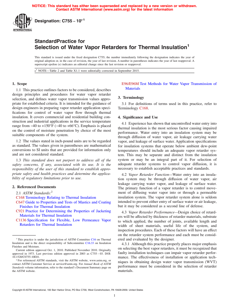 ASTM C755-10e1 - Standard Practice for  Selection of Water Vapor Retarders for Thermal Insulation