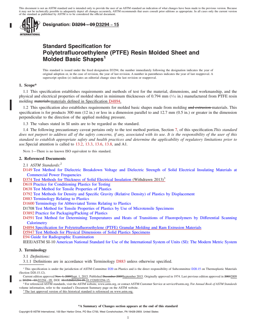 REDLINE ASTM D3294-15 - Standard Specification for  Polytetrafluoroethylene (PTFE) Resin Molded Sheet and Molded  Basic Shapes