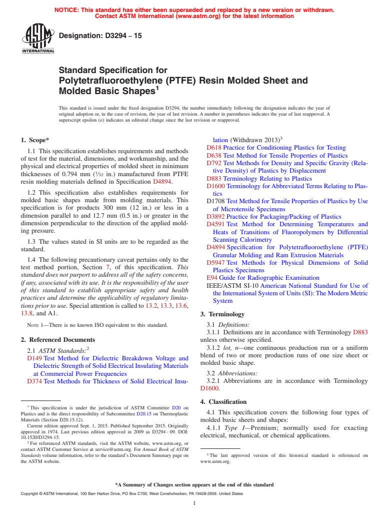 ASTM D3294-15 - Standard Specification for  Polytetrafluoroethylene (PTFE) Resin Molded Sheet and Molded  Basic Shapes