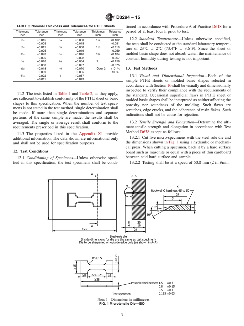 ASTM D3294-15 - Standard Specification for  Polytetrafluoroethylene (PTFE) Resin Molded Sheet and Molded  Basic Shapes