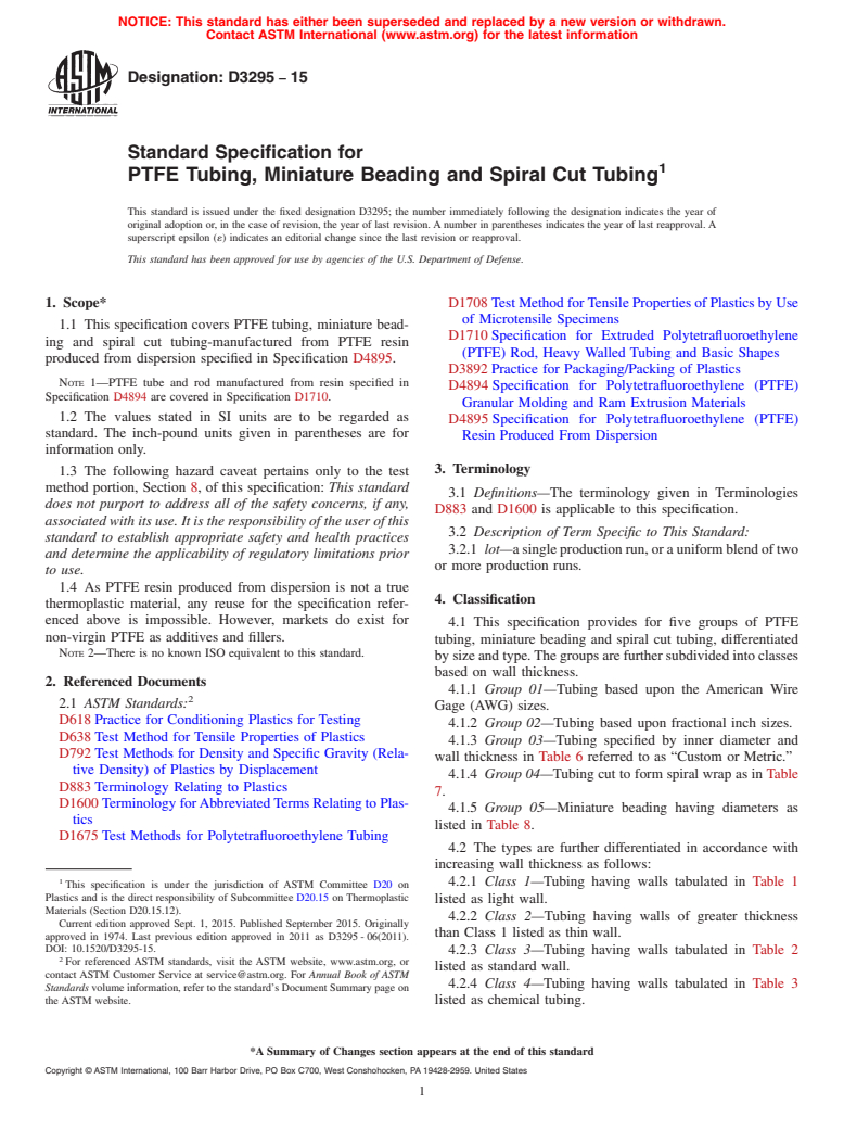 ASTM D3295-15 - Standard Specification for  PTFE Tubing, Miniature Beading and Spiral Cut Tubing