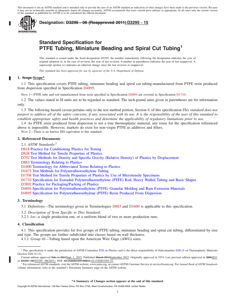 REDLINE ASTM D3295-15 - Standard Specification for  PTFE Tubing, Miniature Beading and Spiral Cut Tubing