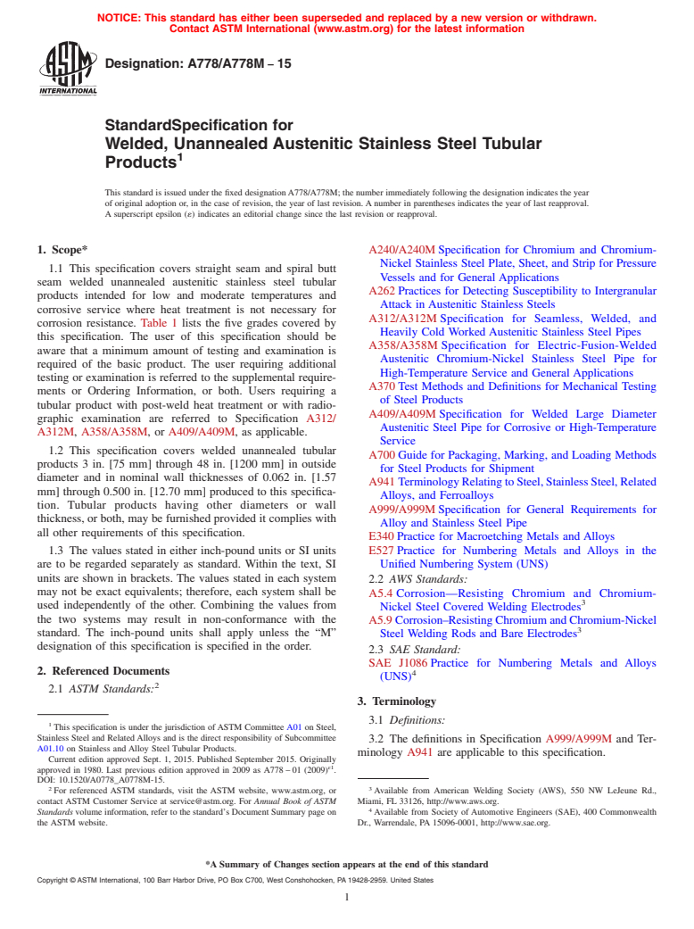 ASTM A778/A778M-15 - Standard Specification for  Welded, Unannealed Austenitic Stainless Steel Tubular Products