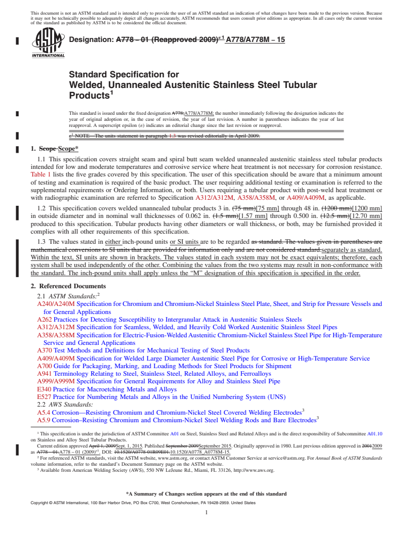 REDLINE ASTM A778/A778M-15 - Standard Specification for  Welded, Unannealed Austenitic Stainless Steel Tubular Products
