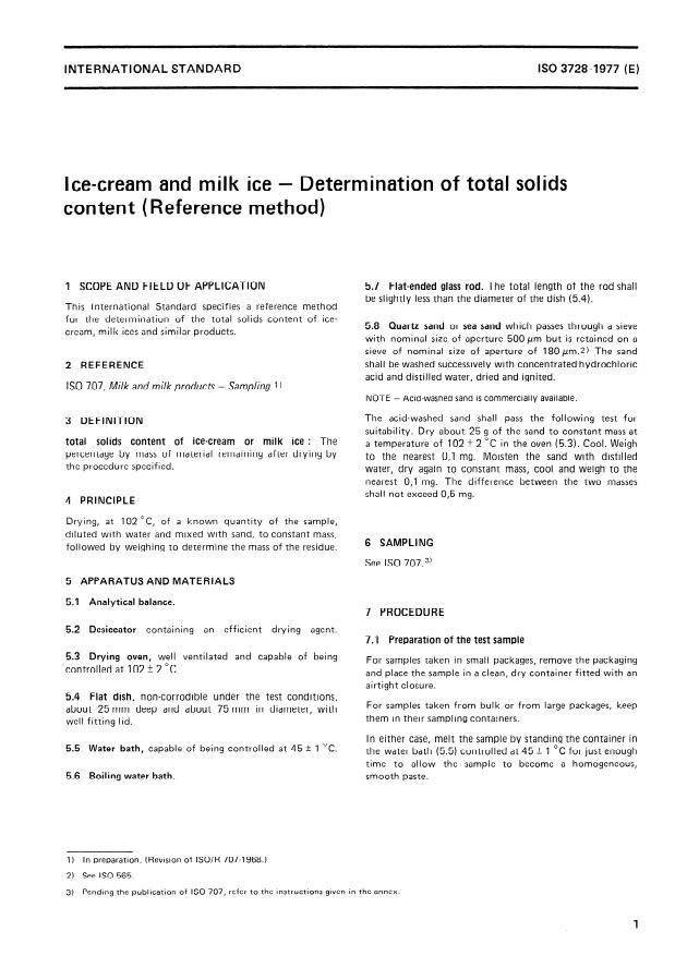 ISO 3728:1977 - Ice cream and milk ice -- Determination of total solids content (Reference method)