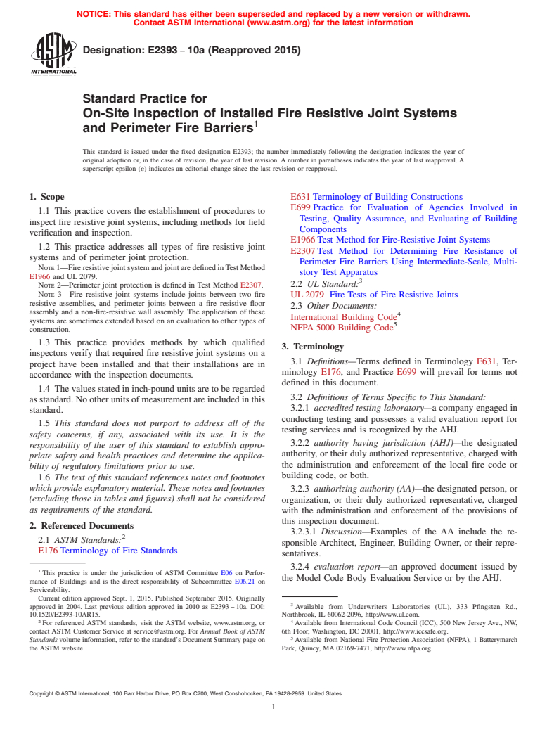 ASTM E2393-10a(2015) - Standard Practice for On-Site Inspection of Installed Fire Resistive Joint Systems  and Perimeter Fire Barriers