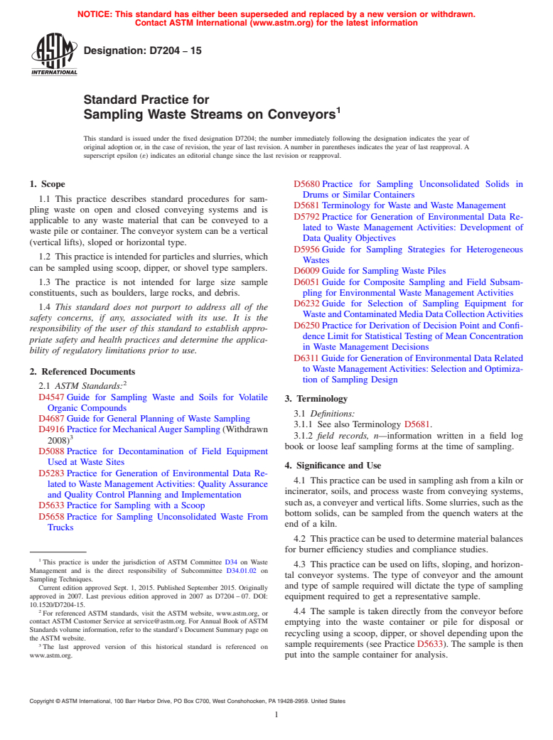 ASTM D7204-15 - Standard Practice for  Sampling Waste Streams on Conveyors
