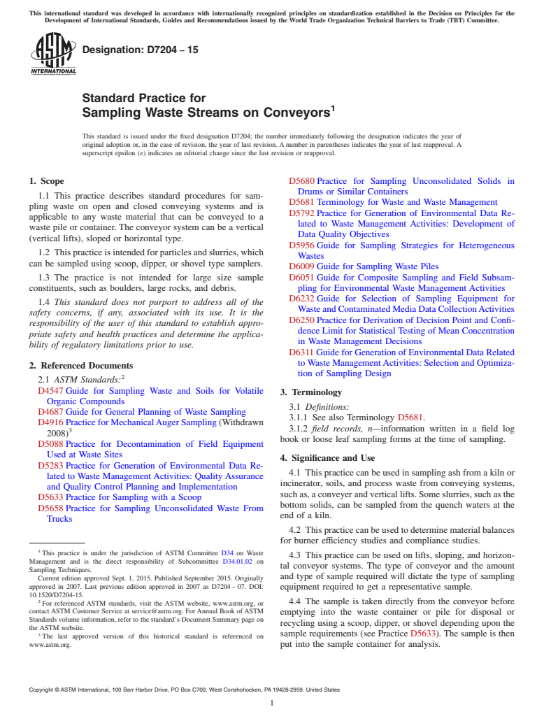 ASTM D7204-15 - Standard Practice for  Sampling Waste Streams on Conveyors