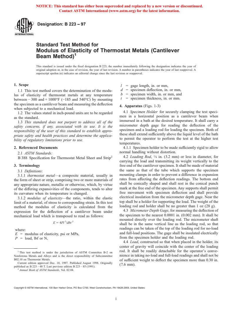 ASTM B223-97 - Standard Test Method for Modulus of Elasticity of Thermostat Metals (Cantilever Beam Method)