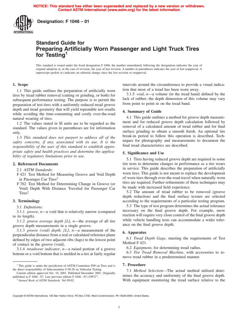 ASTM F1046-01 - Standard Guide for Preparing Artificially Worn Passenger and Light Truck Tires for Testing