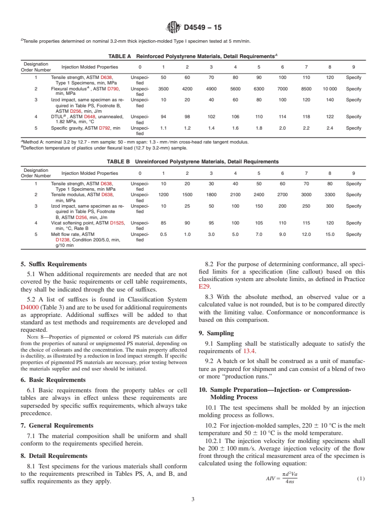 ASTM D4549-15 - Standard Classification System and Basis for Specification for Polystyrene and Rubber-Modified Polystyrene Molding and Extrusion Materials (PS)